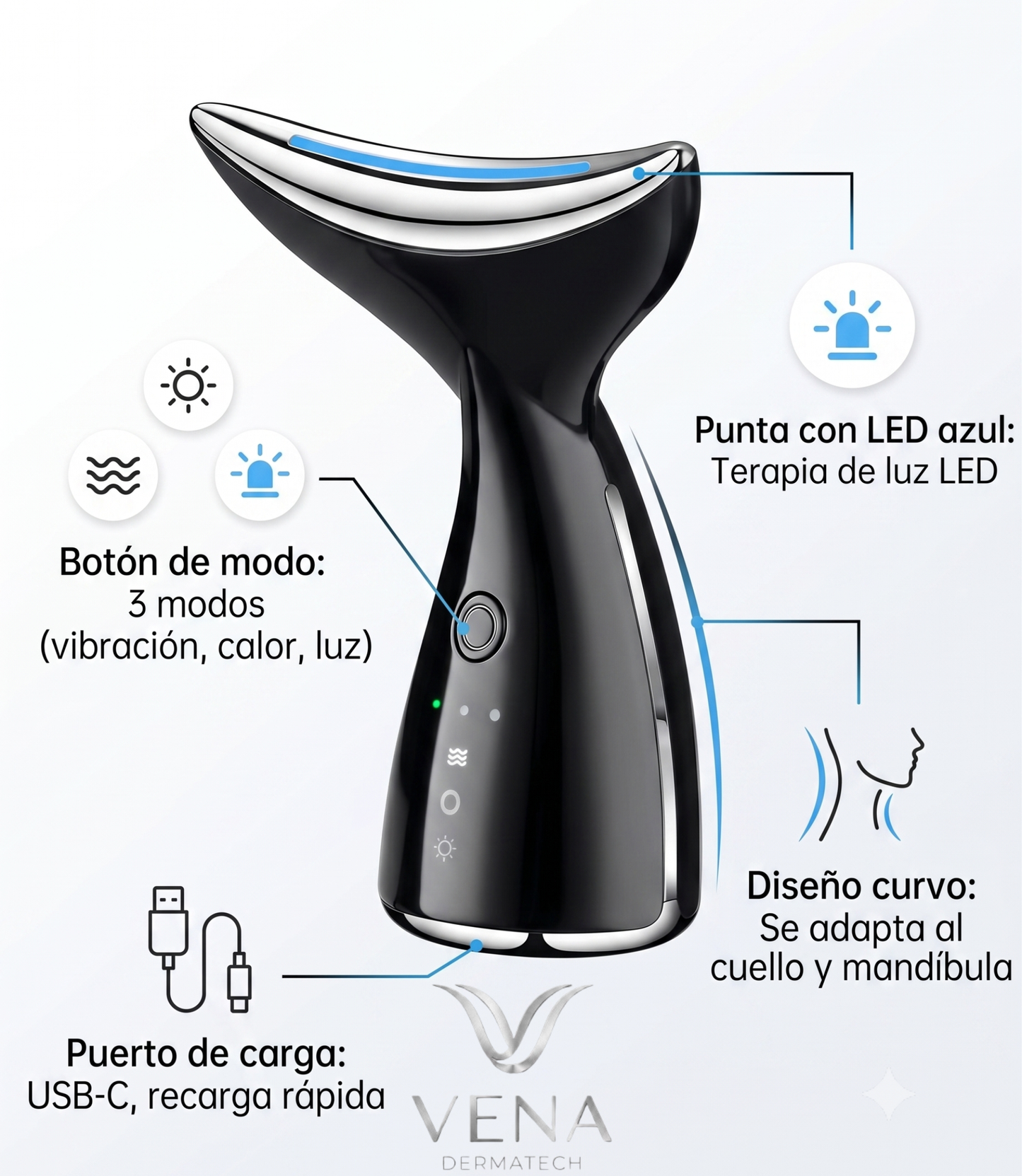 VENA: Dispositivo Reafirmante de Cuello y Papada V-Line – Luz LED + Calor + Vibración